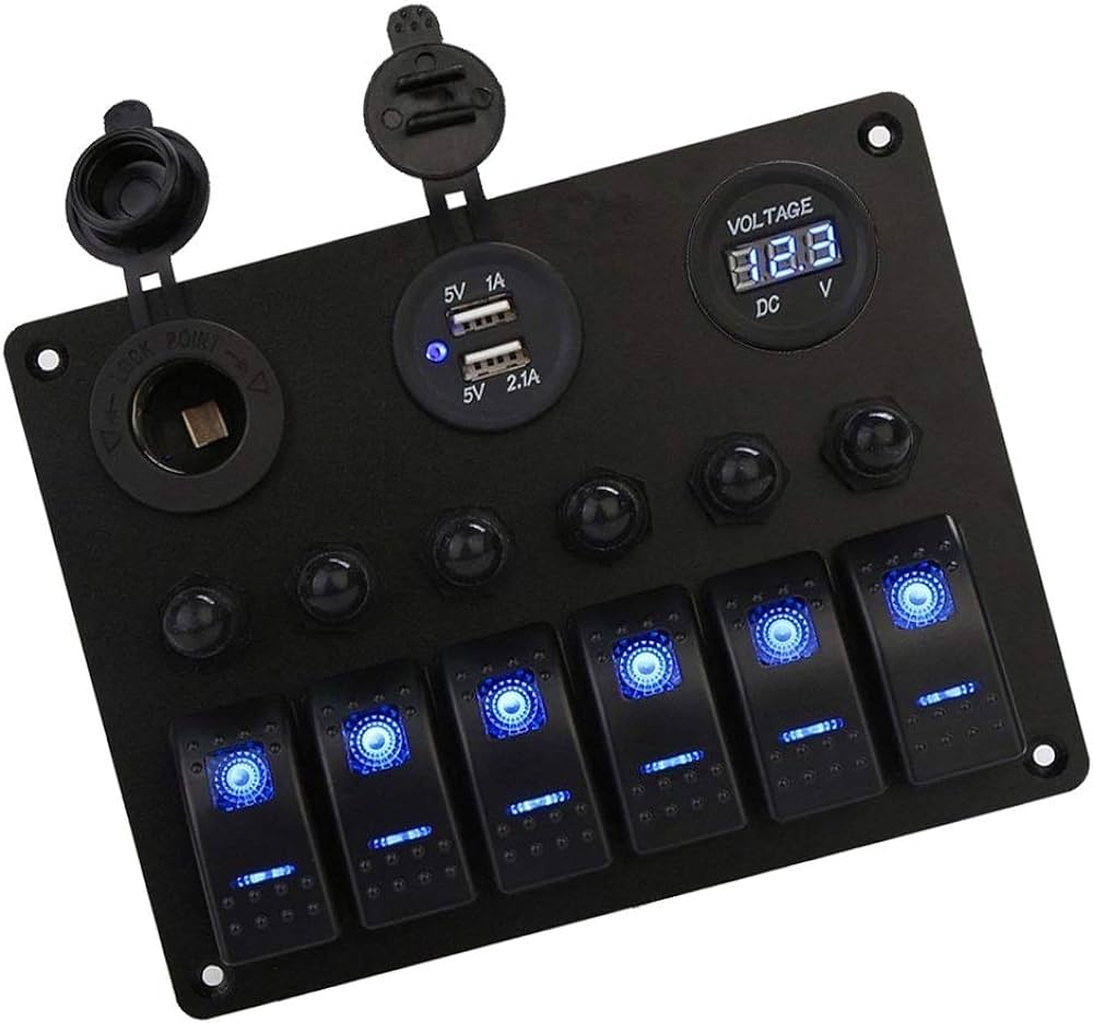 Tableau 6 Bouton avec 2 prise USB, prise électrique et Voltmètre 12-24V